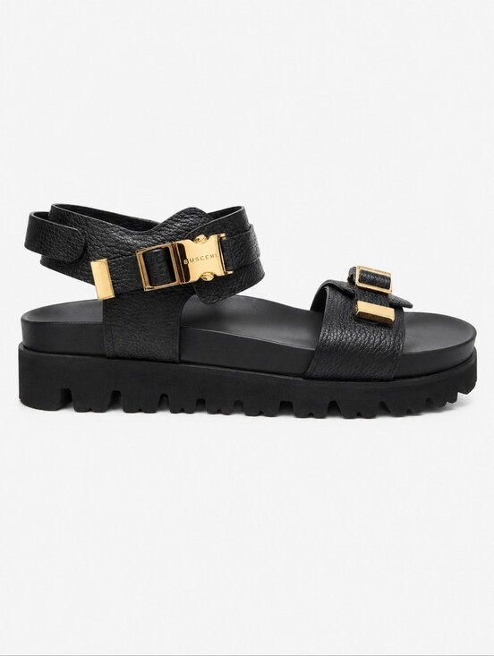 BUSCEMI | Black Leather Lug Sole Sandals Gold Buckle EU 48 US 15 main image 9
